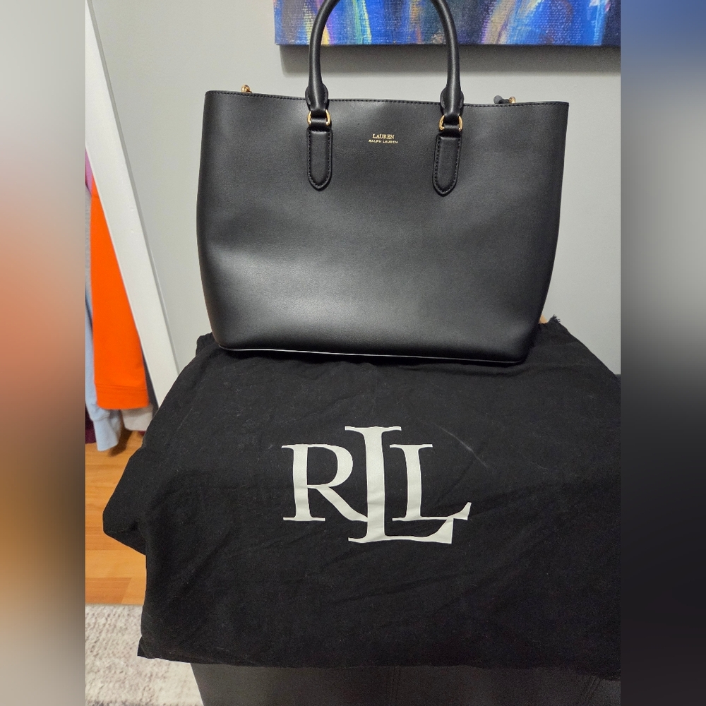 Ralph Lauren Black Structured Leather Bag (red inside)